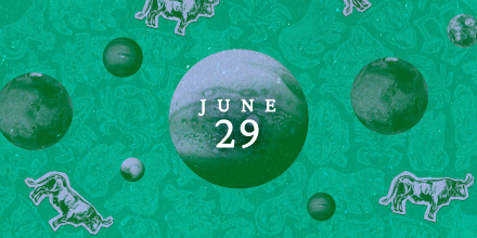 Planets over a zodiac collage background