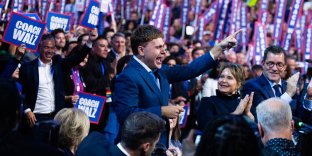 Gus Walz cheers for his father, Minnesota Gov. Tim Walz, Democratic vice presidential nominee, on the third night of the Democratic National Convention at the United Center in Chicago, Ill., on Wednesday, August 21, 2024.