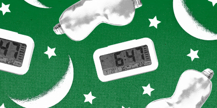 Repeating pattern of alarm clocks, sleep eye masks, stars, and crescent moons against a green background.