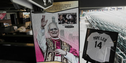 White Sox commemorate fandom of Pope Leo XIV with Graphic installation at Rate Field before a baseball game between the Seattle Mariners and the Chicago White Sox in Chicago, Monday, May 19, 2025. 