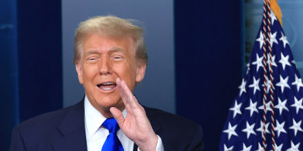 Donald Trump speaking during a press conference.