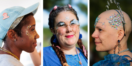 Teyonna Bowman, Tina Marie, and Heather Strassel, pose for portraits ahead of Breastival.