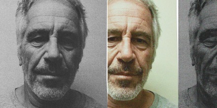 Jeffrey Epstein's mugshot repeated with distortion.