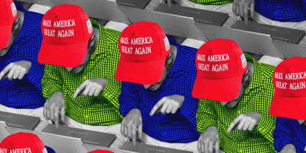 Rows of people typing on laptops wearing "MAGA" hats.