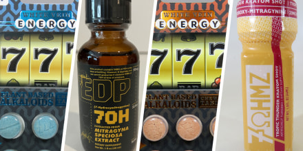 Side by side of Jackpot Alkaloids, Mitragyna Speciosa Extract and Tropic Thunder Kratom Shot.