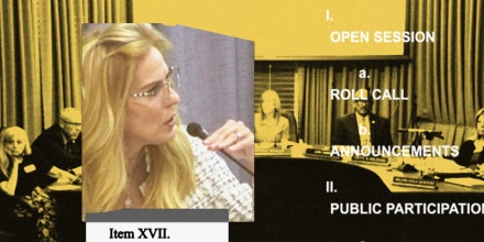 A screengrab of a Redlands school board meeting, their table of contents for meeting notes, and a photo of Candy Olson holding a microphone at the meeting.