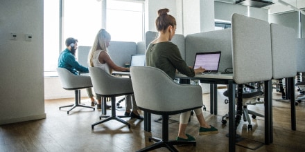 Rear view of business people working in cubicles in a communal office

Wide shot of three business people sitting in cubicles, in a communal office space, using laptops and working diligently on projects.