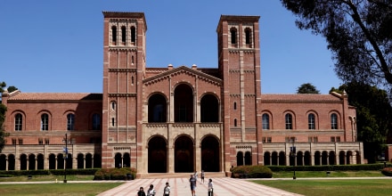 Students in front of Royce Hall  on the UCLA campus in Westwood on August 7.