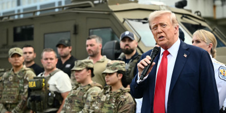 President Donald Trump speaks while visiting federal troops at the U.S. Park Police Anacostia operations facility in Washington, D.C., on Aug. 21, 2025. 