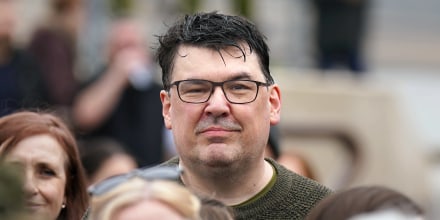 Graham Linehan during a rally in Belfast in 2023.