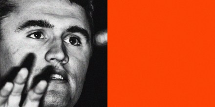 Illustration showing a photo of Charlie Kirk at an event next to a block of red color.