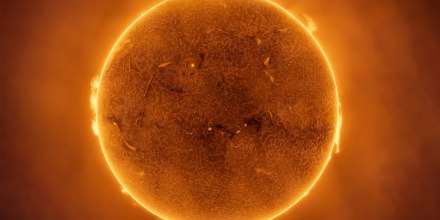 Our Sun in H-alpha Light. Sun emitting solar flares in H-alpha light wavelength