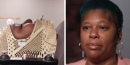 Phillip during a radiation session in 2024. A mask holds her head in place for the treatment and