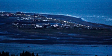 Headlights shine as people evacuate the Spit in Homer, Alaska, following a powerful earthquake in the Aleutian Islands that prompted a tsunami warning on July 22, 2020. 