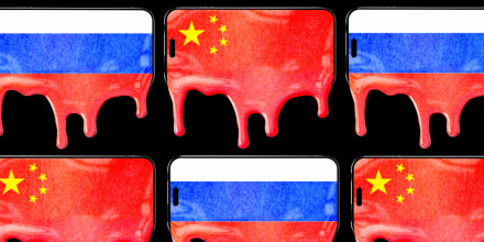 Photo illustration of phones with Chinese and Russian flags melting off of the screens 