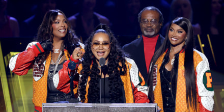 (L-R) Inductee DJ Spinderella, inductee Cheryl James aka Salt of Salt-N-Pepa, Hurby "Luv Bug" Azor, and inductee Sandra Denton aka Pepa of Salt-N-Pepa speak onstage during the 2025 Rock & Roll Hall of Fame Induction Ceremony at Peacock Theater on November 08, 2025 in Los Angeles, California.
