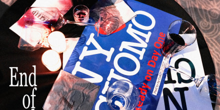 Posters for Andrew Cuomo's 2025 mayoral campaign with drinks spilled on them. Text next to the posters says "End of the Line."