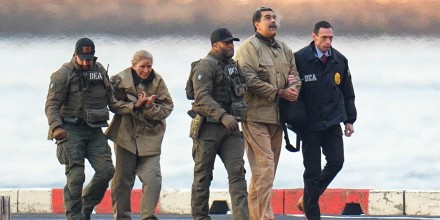 Nicolas Maduro and his wife, Cilia Flores, in handcuffs after landing at a Manhattan helipad, escorted by heavily armed Federal agents as they make their way into an armored car en route to a Federal courthouse in Manhattan on Jan. 5, 2026 in New York.