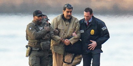 Nicolas Maduro, with zip-tied wrists, is escorted by DEA agents outside