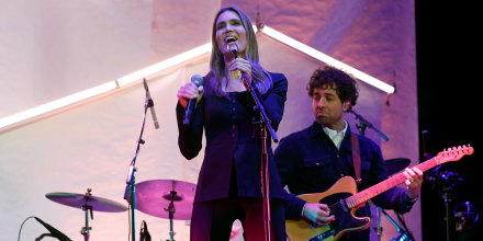 Mandy Moore and Taylor Goldsmith perform during "A Concert for Altadena" at Pasadena Civic Auditorium on Jan. 7, 2026 in Pasadena, California. 
