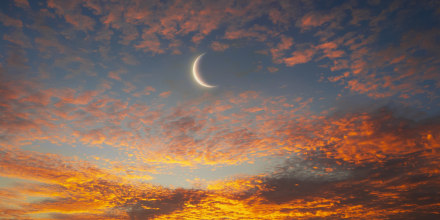 Young moon in the rays of sunset.