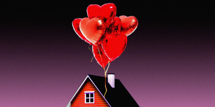 Photo illustration of a house being pulled up by heart balloons
