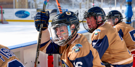 The Coachella valley Pride Hockey team bench as they face off against the Spittin Llamas at this years Frozen Pride Classic tournament, taking place at the Winthrop rink, in Winthrop, Wash. on Feb. 14, 2026.