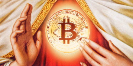 A close up of Jesus Christ making the sign of the cross with a glowing Bitcoin emblem on his robes