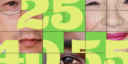 A grid of faces, young and old, with large numbers: 25, 40 and 55.