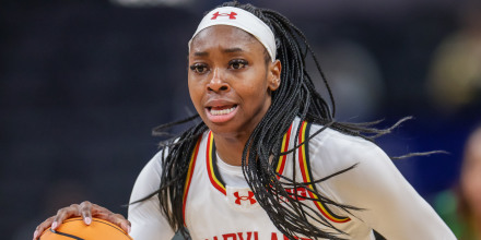 Oluchi Okananwa #7 of the Maryland Terrapins brings the ball up court during the game against the Oregon Ducks in the second round of the Big Ten Women's Basketball Tournament on March 5, 2026 in Indianapolis, Indiana.  
