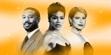collage of Michael B Jordan, Teyana Taylor, Jessie Buckley on a yellow background with stars