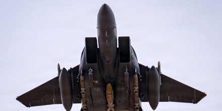 A U.S. Air Force F-15E Strike Eagle aircraft takes off for a mission during Operation Epic Fury on March 14.