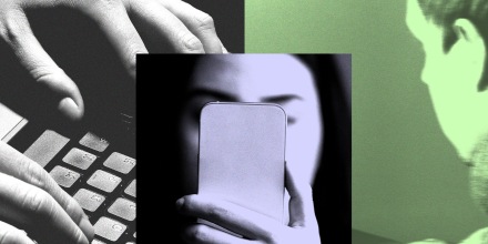 Photo collage of various teenagers on smartphones and computers 