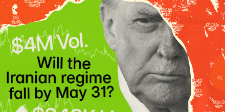 Photo illustration showing Donald Trump, a map of the Strait of Hormuz, "Will the Iranian regime fall by May 31?" text from a Polymarket bet.