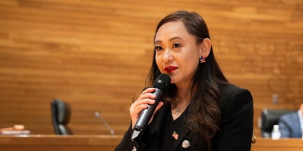 Eileen Wang speaks at City Hall in Arcadia, Calif., in 2025.