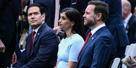 US Secretary of State Marco Rubio, US Second Lady Usha Vance and US Vice President JD Vance attend an arrival ceremony for the British King and Queen on the South Lawn of the White House in Washington, DC, on April 28, 2026. 