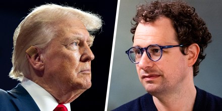A split composite image of Donald Trump, left, and Dario Amodei