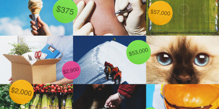 Illustration of photos like ice cream cones, a person getting tattooed, people climbing Mount Everest, and price tag stickers.