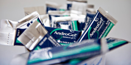 AndroGel testosterone gel is displayed for photograph at a pharmacy.