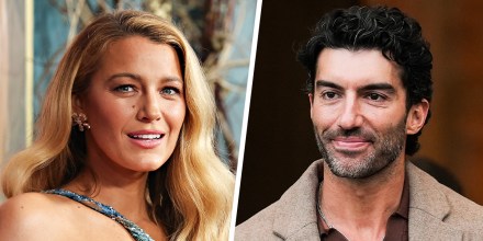 A split composite image of Blake Lively, left, and Justin Baldoni