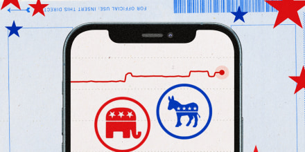Photo illustration of a phone with Kalshi graphs and Republican and Democratic symbols. The background has a voting ballot and stars. 