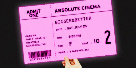 Illustration of a small hand holding an oversized movie ticket.