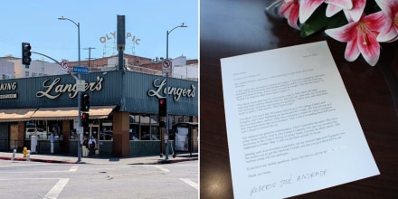 Langer's Deli and the letter in question.