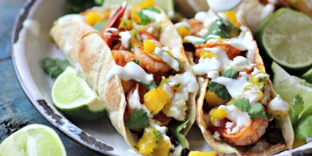 Smokey Shrimp Tacos with Chorizo Beans and Mango Salsa