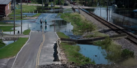 Image: The remnants of a portion of a temporary berm in Lumberton, North Carolina that was built to mitigate flooding from the Lumber river