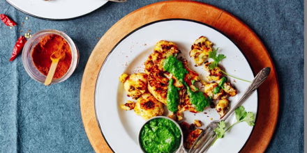 Cauliflower steak seasoned with a smoky shawarma.