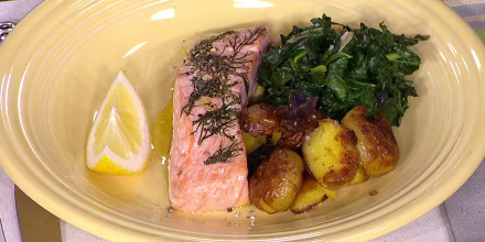Camila Alves' Salmon with Dill, Sauteed Potatoes and Spicy Kale