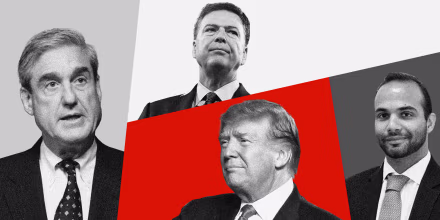 Photo illustration of Robert Mueller, James Comey, Donald Trump, and George Papadopoulos.