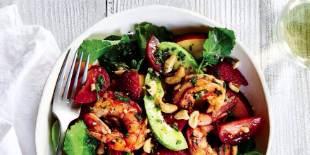Image: A grilled shrimp summer harvest salad.