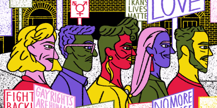 Illustration of group of NBC News Pride50 honorees standing in front of the Stonewall inn.